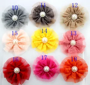 Detailed grid of 9cm lace flower patches with mesh petals and pearl center accents