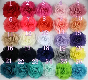 Detailed grid of 26 colors of double-layered chiffon rose flowers for DIY hair accessories