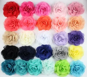 Detailed grid of assorted colored chiffon fabric rose flowers for DIY hair accessories