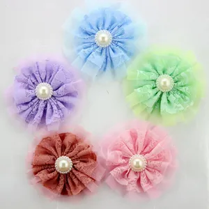 Handmade Double Layer Lace Mesh Flower Decoration With Faux Artificial Pearl Center For Hair Clip Brooch Clothing Accessory DIY Crafts