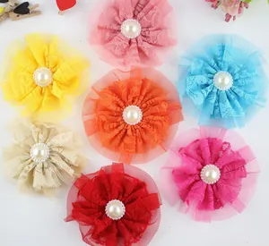 Set of 7 colorful lace flower patches with mesh petals and faux pearl centers