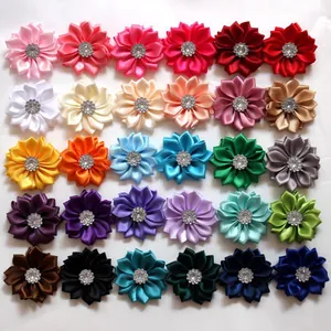 Handmade Satin Ribbon Flower With Rhinestone Pointed Petal DIY Hair Accessories For Wedding Party Crafting Flatback Flower