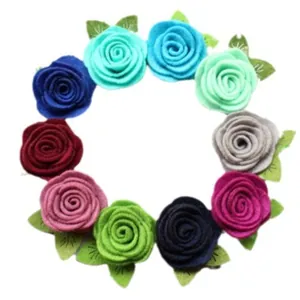 Flores de rosas de fieltro hechas a mano con hojas verdes en diez colores para manualidades