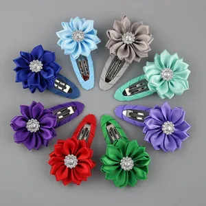 Set di 8 mollette per capelli a fiori in nastro per bambine con strass scintillante