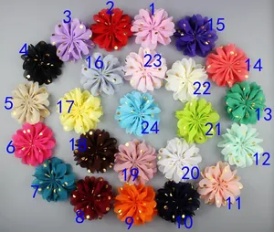 Handmade 8cm chiffon flowers with gold dots in 24 colors for DIY headwear crafts