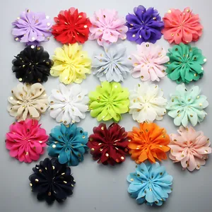 Detailed view of 8cm colorful chiffon flowers with gold polka dots for DIY hair accessories
