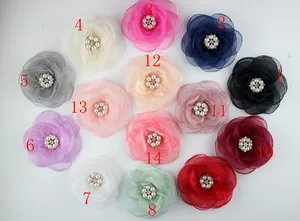 Fleurs de rose en organza de 10 cm avec perles et strass, disponibles en 14 coloris
