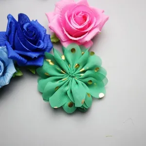 8cm chiffon fabric flowers with gold polka dots and wavy edges for DIY crafts