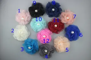 Handmade 8cm burnt edge chiffon fabric flowers with pearls in 12 assorted colors