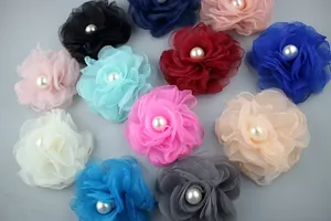 Macro detail of 8cm handmade burnt edge chiffon rose with pearl bead for DIY crafts