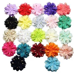 Chiffon 8cm handmade flowers with gold polka dots for DIY hair accessories and clothing