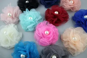 Detailed view of 8cm handmade burnt edge chiffon roses with central pearl in various colors