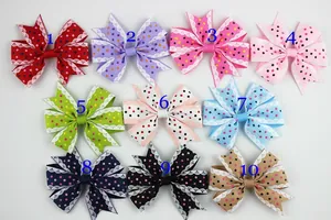 Polka dot grosgrain ribbon bows with lace edges in 10 assorted vibrant colors