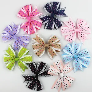 Polka dot grosgrain ribbon bow set in nine colors with white lace print edges