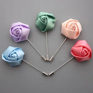 Handmade 4cm satin rose boutonniere lapel pins in five soft colors for classic men's suits