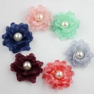 Set of 6 colorful chiffon DIY flower accessories with center pearl for jewelry and hair decor