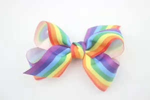 Detailed view of rainbow grosgrain ribbon bow with high-quality fabric texture