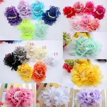Detailed collection of colorful chiffon flower hair clips with pearl centers in 20 colors