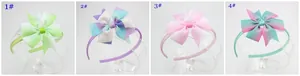 Détail de quatre styles de bandeaux pour enfants avec nœuds arc-en-ciel dégradés de 8 cm