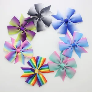 Set of seven gradient rainbow grosgrain ribbon bow hair clips for girls in various colors