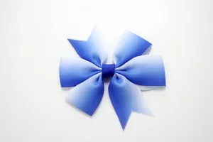 Detail of blue and white ombré grosgrain ribbon bow with layered textures and fishtail ends