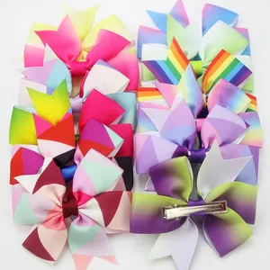 Kids Girls Rainbow Gradient Grosgrain Ribbon Bow Hair Clips Alligator Clips Colorful Printed Hair Accessories For Babies