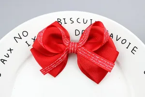 Macro detail of red grosgrain ribbon bow with cursive white lettering on a ceramic plate