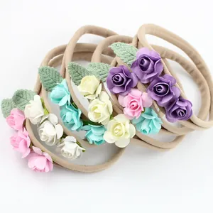 Baby Girls Elastic Nylon Headband Elegant Mini Paper Rose Flower Hair Band Seamless Flower Crown For Infants Toddlers Kids