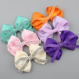 Handmade Grosgrain Ribbon Bowknot With Letter Print For DIY Hair Accessories Apparel Decoration Kids Women Hair Bows