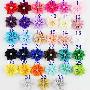 DIY handmade 33 colors polyester satin ribbon flowers with sparkling rhinestone centers