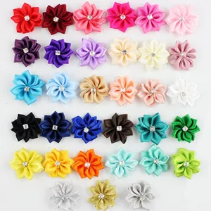 DIY handmade polyester ribbon flowers with rhinestones in 33 various vibrant colors