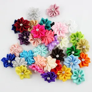 Colorful DIY satin ribbon 9-point flowers with rhinestones for craft and accessory sewing