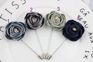 Handmade fabric rose boutonniere lapel pins in four elegant colors with long metal needles