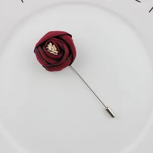 Classic burgundy handmade fabric rose boutonniere with silver metal long needle pin