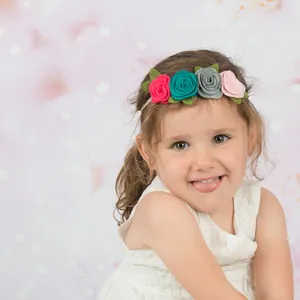 Toddler flower headband with handmade felt roses in pink, cyan and grey on soft lace