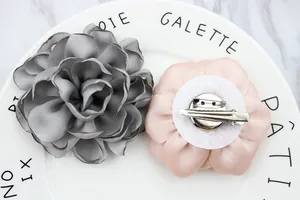 Silk chiffon peony flower brooch and hair clip set in grey and pink with double pins