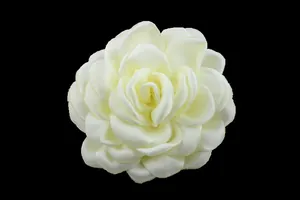 Elegant ivory satin camellia flower brooch with layered petals and pearl-like sheen