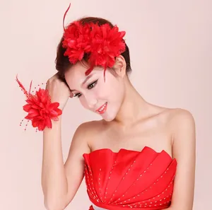 Red feather floral hair clip and wrist flower set for Latin dance and stage performances