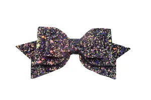 Close-up of 5 inch black glitter hair bow with colorful sequins and metal Y-clip
