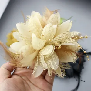 Elegant champagne feather hair clip with lace and faux pearls for children dance shows