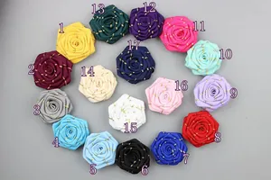 Classic 4.5cm handmade grosgrain ribbon rose brooches in 17 colors with gold stitching