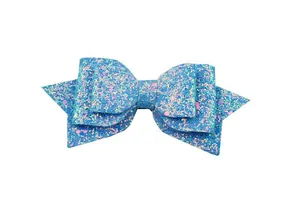 Close-up of 5-inch layered blue glitter bow with multi-color sequins for hair accessories