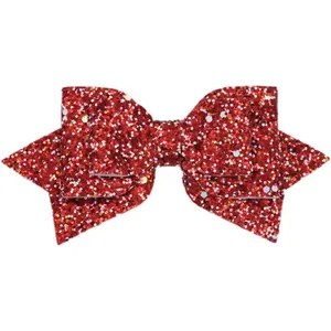 Vue détaillée du nœud papillon rouge à paillettes avec texture scintillante à double couche