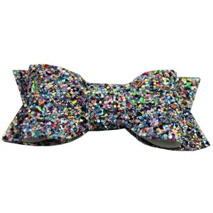 Detailed macro view of colorful sequin bow hair clips for girls with glitter texture