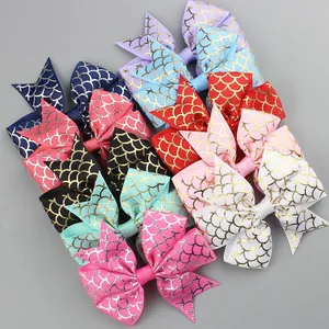 Handmade Grosgrain Ribbon Mermaid Bows With Metallic Gold Silver Scale Print Mermaid Tail Flat Back Bow DIY Hair Accessories