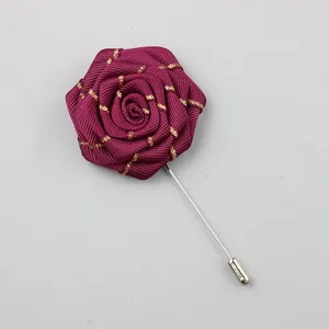Handmade Rose Flower Lapel Pin Grosgrain Ribbon Brooch With Long Metal Pin Gold Thread Decor For Men Suit Wedding Banquet Jewelry