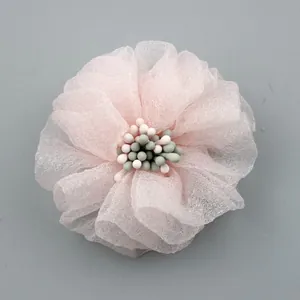 Détail de fleur en tissu seersucker rose de 5cm avec étamines pour accessoires DIY