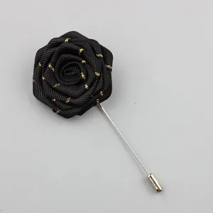 Classic black fabric rose lapel pin with gold edges and silver long needle for men