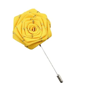 Classic yellow handmade fabric rose lapel pin with long silver needle for formal suits