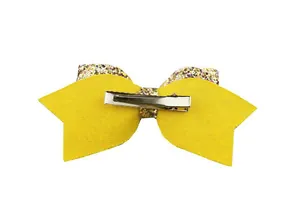 Detailed back view of a 5-inch yellow glitter hair bow with silver metal alligator clip